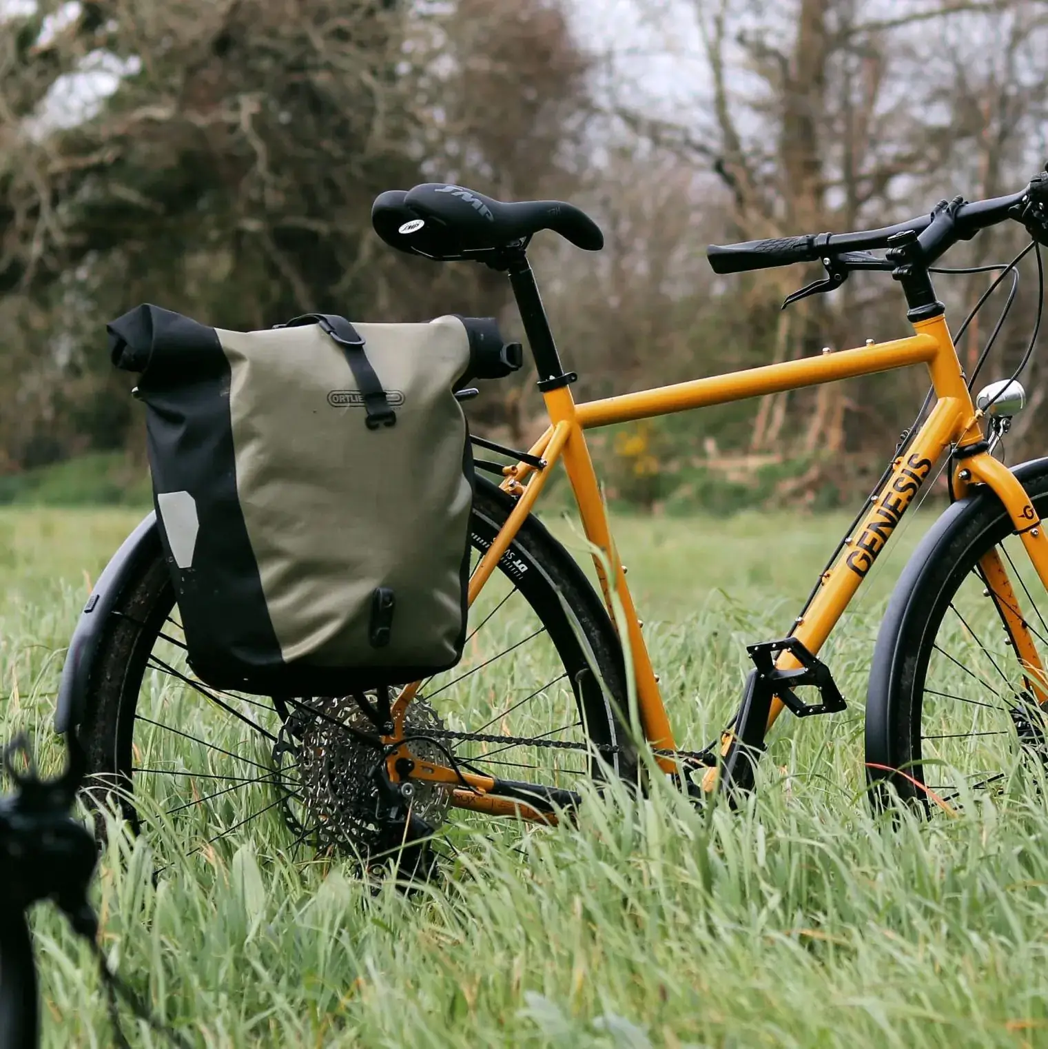 Vélo gravel Genesis jaune équipé d'une sacoche, dans un pré